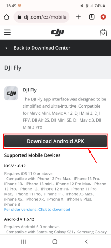 Stažení aplikace DJI Fly