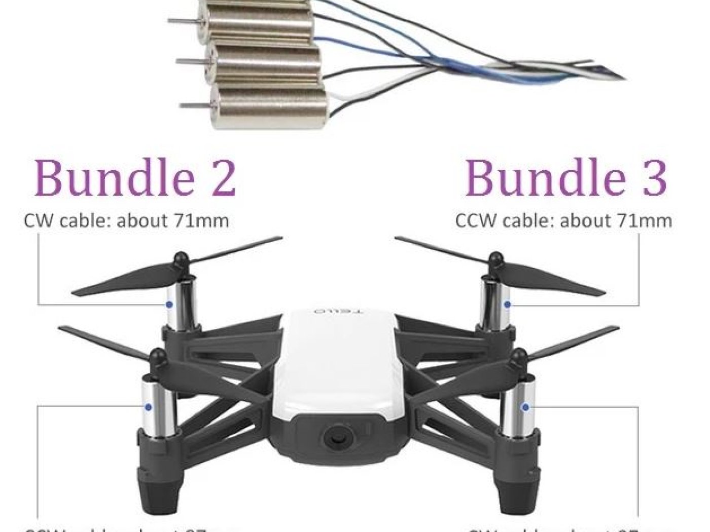 RYZE Tello motor CW dlouhý kabel, černý a modrý