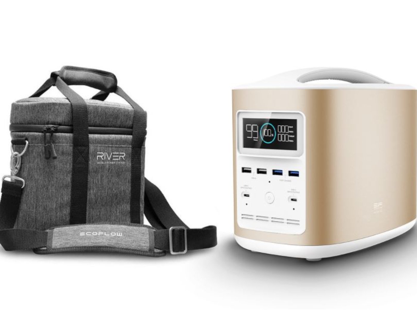 Přenosná nabíjecí stanice EcoFlow RIVER370 (zlatá) + přepravní brašna + sluchátka AIRLOOP