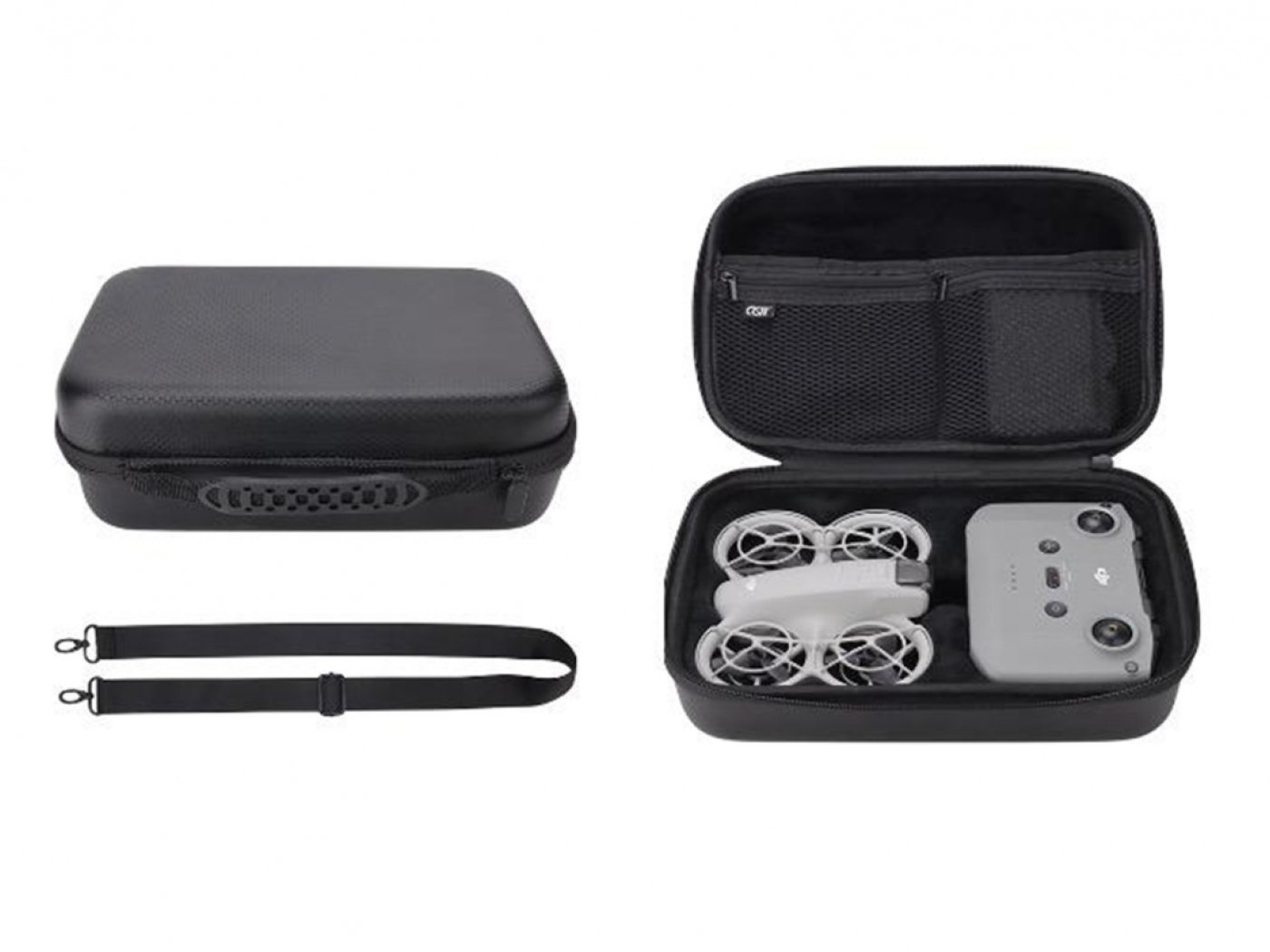 Černé pouzdro s popruhem přes rameno na dron DJI Neo